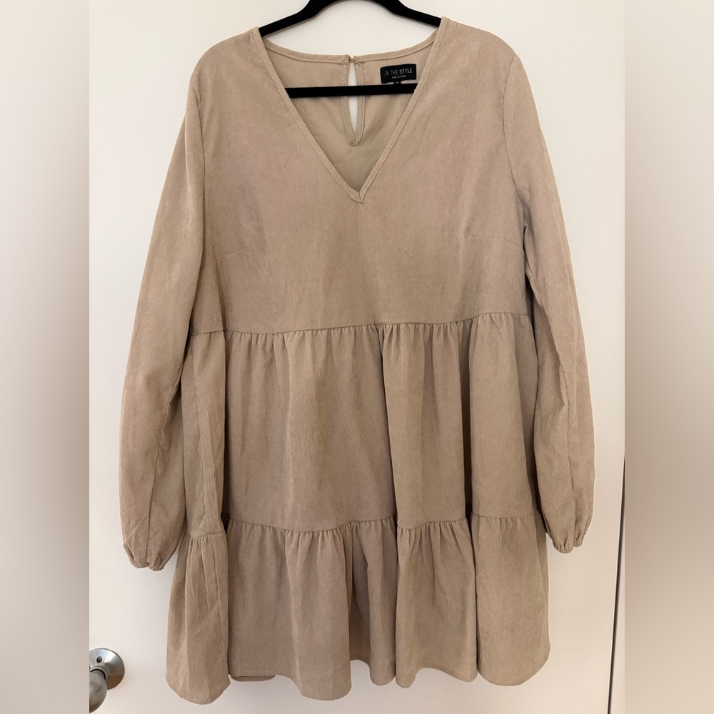 Tan V-Neck Tiered Dress